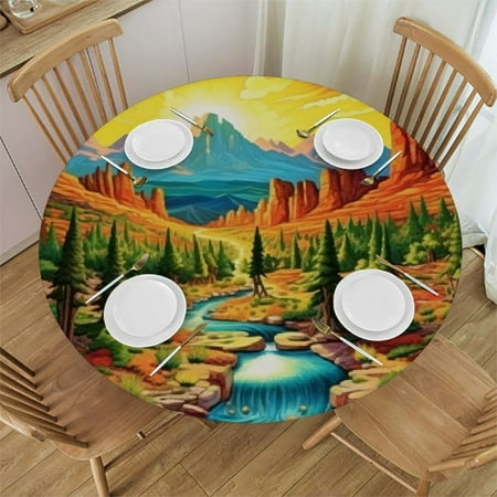 

Sheronv Mountain River Cactus Trees Round Table Cover Stain Resistant Washable Indoor Outdoor Tablecloth Kitchen Dining Wedding Parties 100% Polyester Fiber Full Width Single-Sided Printing Table