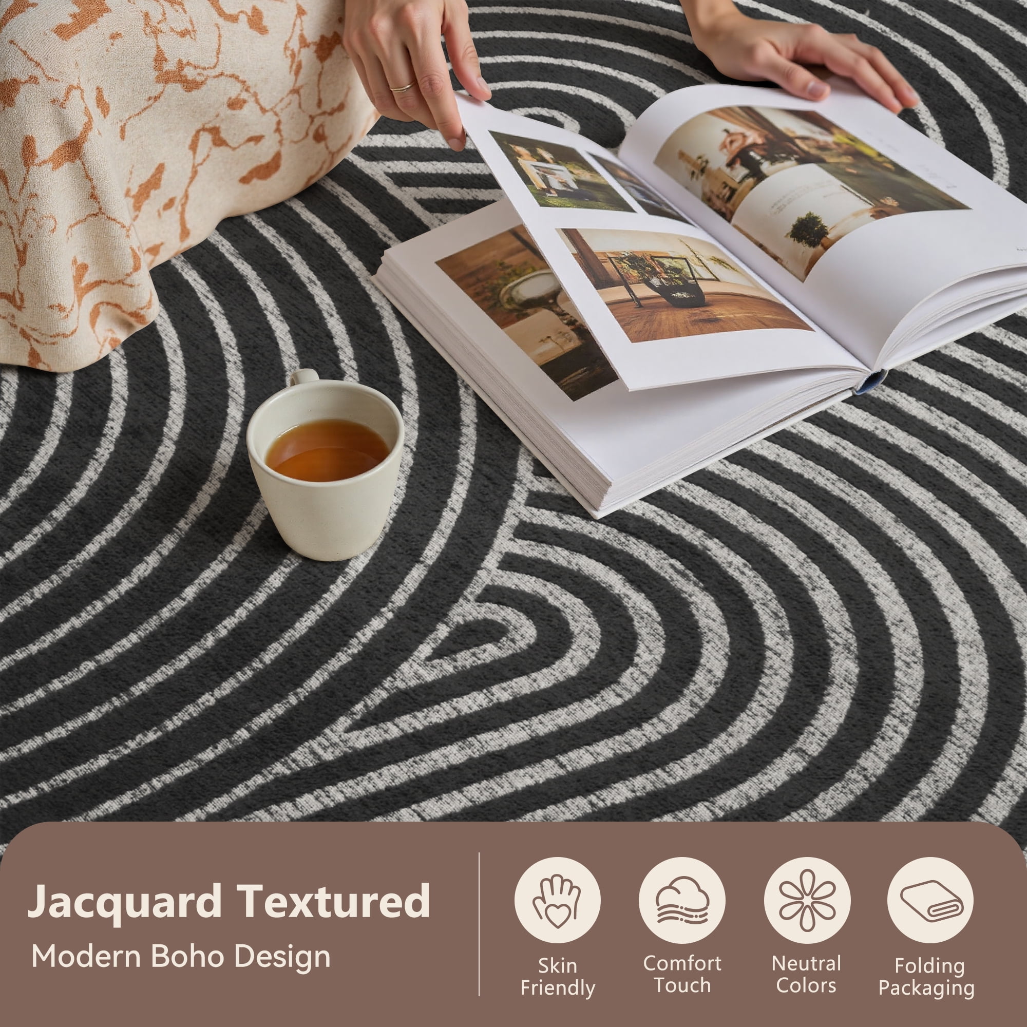 SIXHOME 5'x7' Area Rug Washable Boho Modern Rugs for Living Room Bedroom Jacquard Geometric Soft Carpet Non Slip Indoor Rugs for Dining Room Home Office Neutral Gray Black