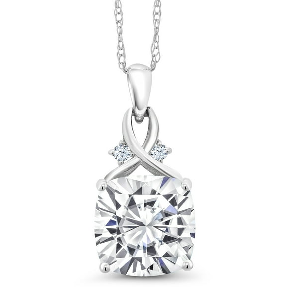 Gem Stone King 10K White Gold White Moissanite and White Created Sapphire Pendant Necklace for Women (5.06 Cttw, Gemstone, Cushion Cut 10MM, with 18 inch Chain)