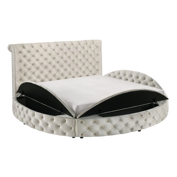 Bed Frame 1pc Unique Round Plush Ivory Velvet Button-Detailing Storage Bed Queen Size