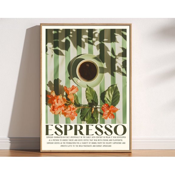 Espresso Coffee Print, Retro Vintage Kitchen Poster, Italian Coffee Art, Aesthetic Coffee Poster, Coffee Cup On Table, Cafe Art, 70S 80S 90S Wall Art, Modern Wall Decor, 8x12 UNFRAMED