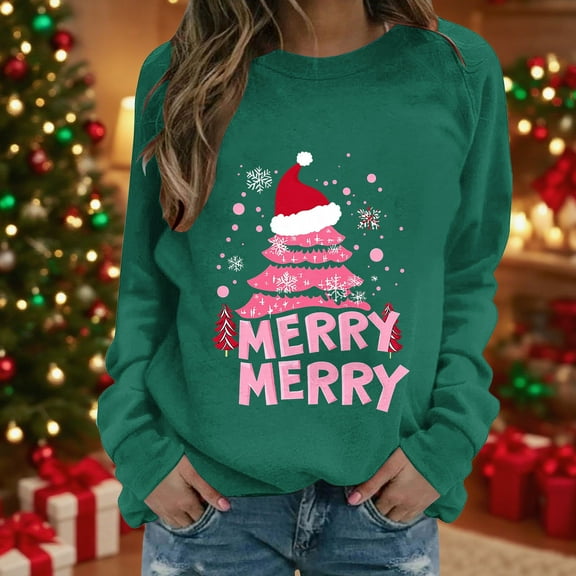 Xdegoge Merry Christmas Sweatshirts for Women Crew Neck Long Sleeve Tops Xmas Letter Print Shirts Loose Fit Holiday Blouses for Women 2025 Christmas Shirts for Women, Green S
