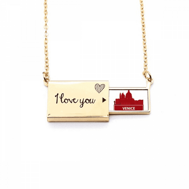 Venice Italy Red Landmark Pattern Letter Envelope Necklace Pendant Jewelry
