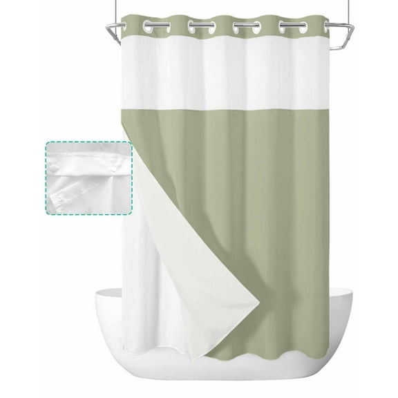 No Hook Shower Curtain with Snap in Liner, Soild Color Sage Green Hotel Shower Curtains for Bathroom, Washable Shower Curtain Liner Set with Mesh Top Window, 36"x72"