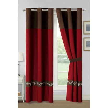 4 Pc Crawford Floral Leaves Vine Embroidery Curtain Set Burgundy