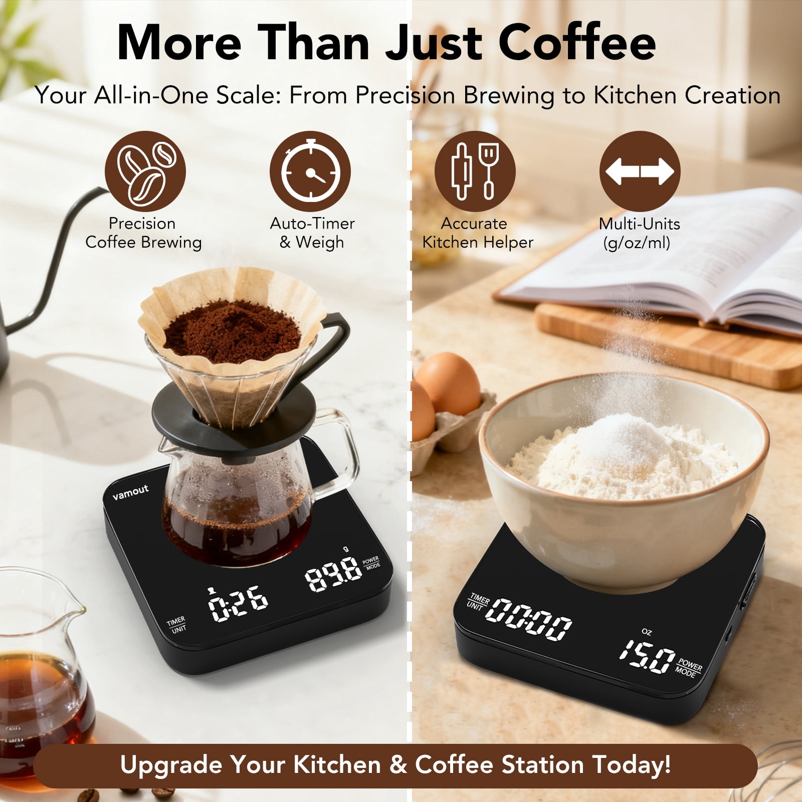 VAMOUT Coffee Scale with Timer, Rechargeable Mini Espresso Scale, 2kg/0.1g Accurate Food Scale for Pour-Over and Espresso Coffee, LCD Display, Portable Digital Kitchen Scale with Automatic Timing