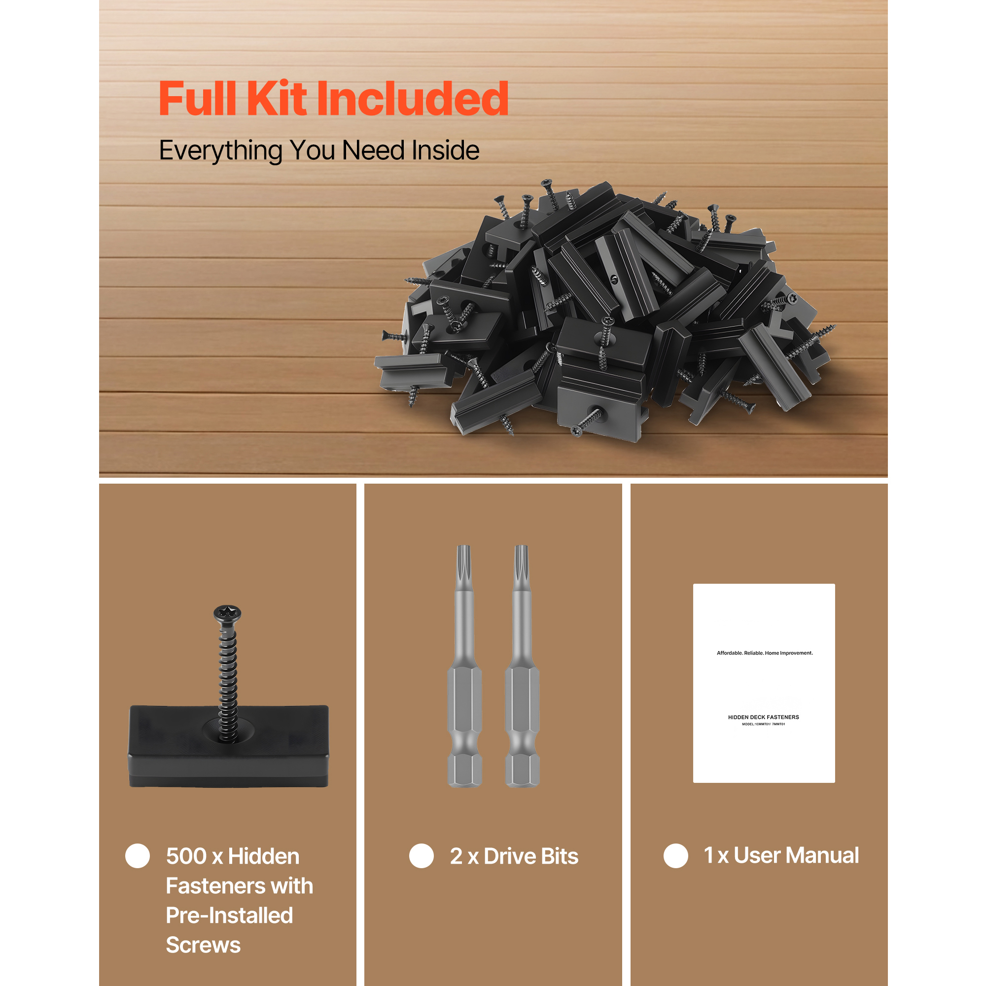 KFFKFF 500PCS Hidden Deck Fasteners for Composite Decking Boards, Universal Clips & Plastic Fasteners with Metal Screws, Polypropylene PP Clips Compatible with 0.22-Inch Gaps, Black