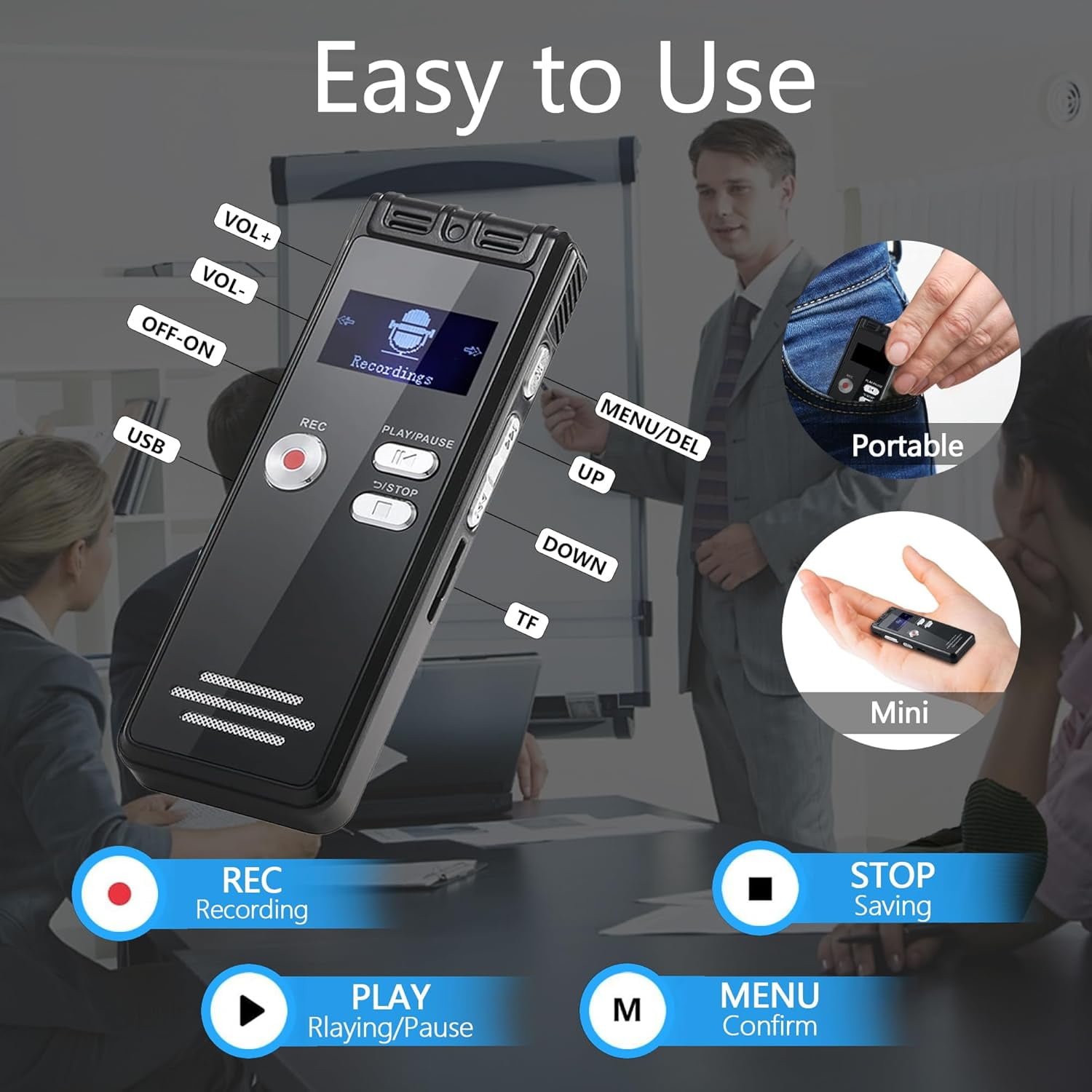 128GB Digital Voice Recorder Activated with Playback - 3072 Kbps HD Recording and Noise-Canceling Voice-Activated Recording, Audio Recording Device