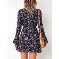thumbnail image 3 of Vestido de mujer con estampado floral, escote en V, manga larga acampanada, dobladillo con volantes, vestidos cortos con cordón, 3 of 6