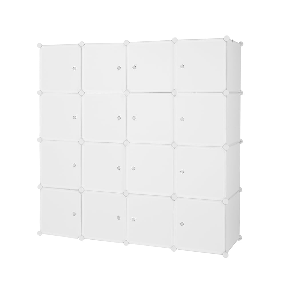 4-layer 16 Cube Organizer Stackable Cube Storage, Plastic + Steel Wire with 3 Clothes Rails, Free to Assemble, White