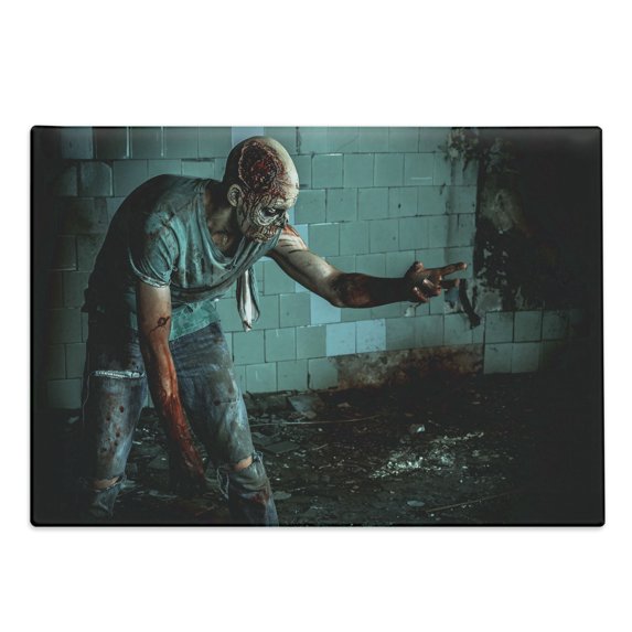 Zombie Cutting Board, Dead Man in the Old Abandoned House Nightmare Bloody Fantasy Art Scenery, Decorative Tempered Glass Cutting and Serving Board, Large Size, Teal Charcoal Grey, by Ambesonne