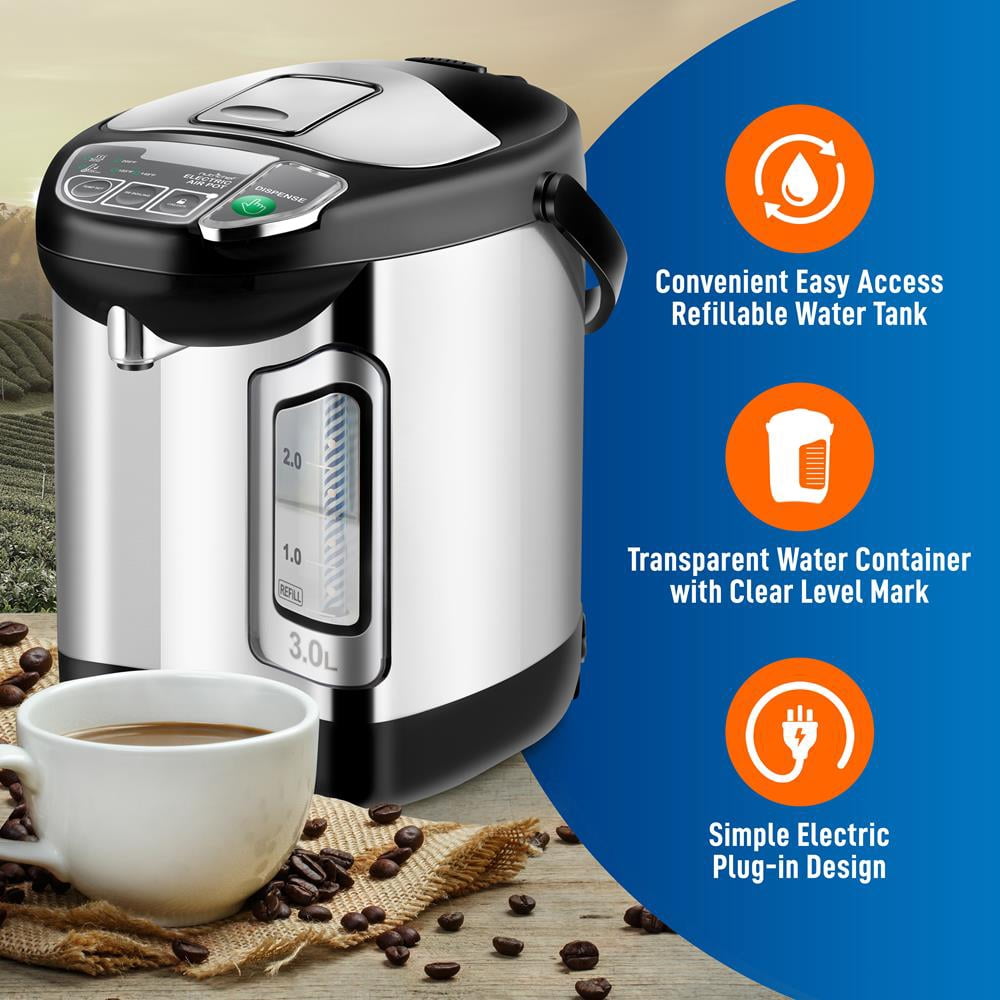 NutriChefKitchen Electric Water Boiler and Warmer - 3L/3.17 Qt Stainless Steel Electric Hot Water Dispenser w/ Rotating Base, Auto Shut Off, Safety Lock, Instant Heating for Coffee & Tea (NCHUB13)