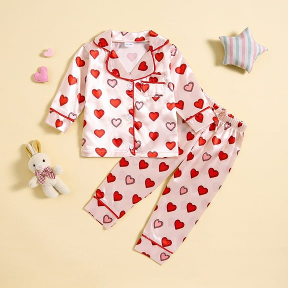 Toddler Girls Spring Autumn Long Sleeve Lapel Sateen Home Suit Love Heart Printed Elasticated Pants Valentine's Day Girl's Suit