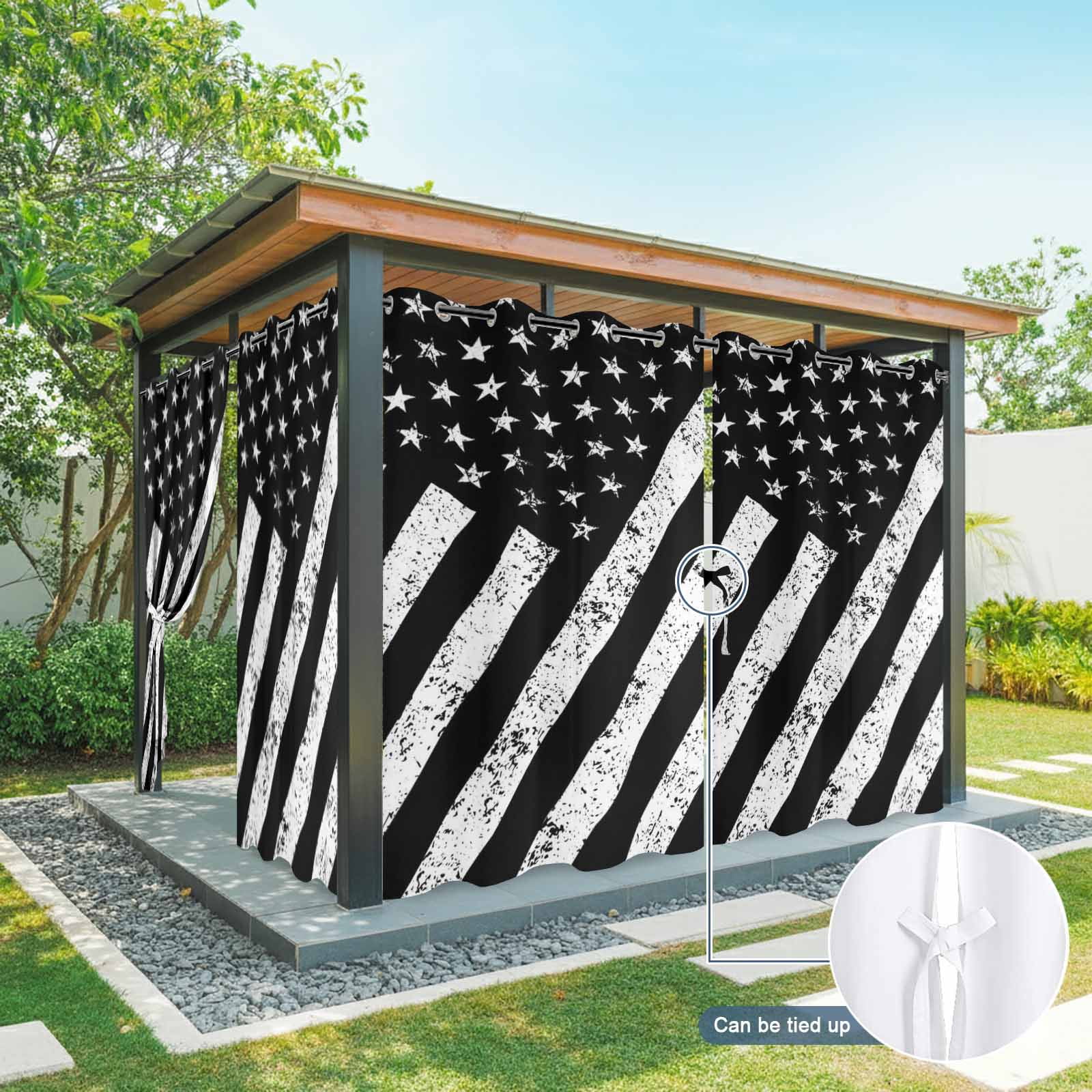Independence Day Outdoor Curtains for Patio, Vintage Distressed Black and White American Flag Sunshade Privacy Drapes Grommet Waterproof Outside Curtains for Porch/Cabana/Balcony 54"x 108", 1 Panel