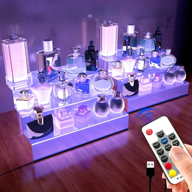 12 IN Clear Acrylic Display Riser Shelf with LED light,3 Tier Display Step Shelves Holder, Perfume Cologne Organizer Holder,Pops Toys Figures, Clear Cupcake Riser, Dessert Shelf, Decoration on