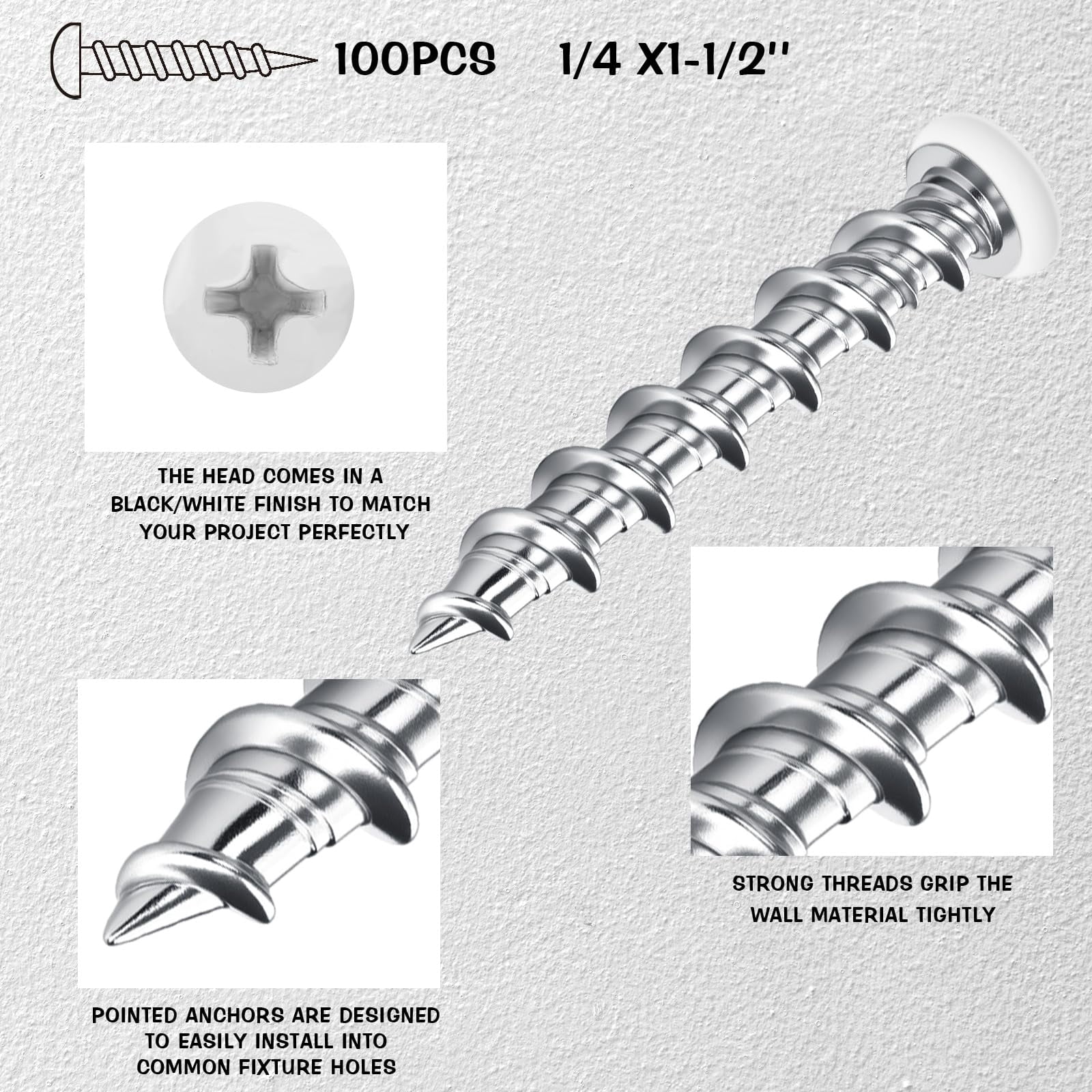 100 Pcs Drywall Anchors 1/4 x 1-1/2 Inch Black Pan Head Alloy Steel Light Wall Anchors Heavy Duty Self Drilling Screws for Wood and Other Masonry Materials