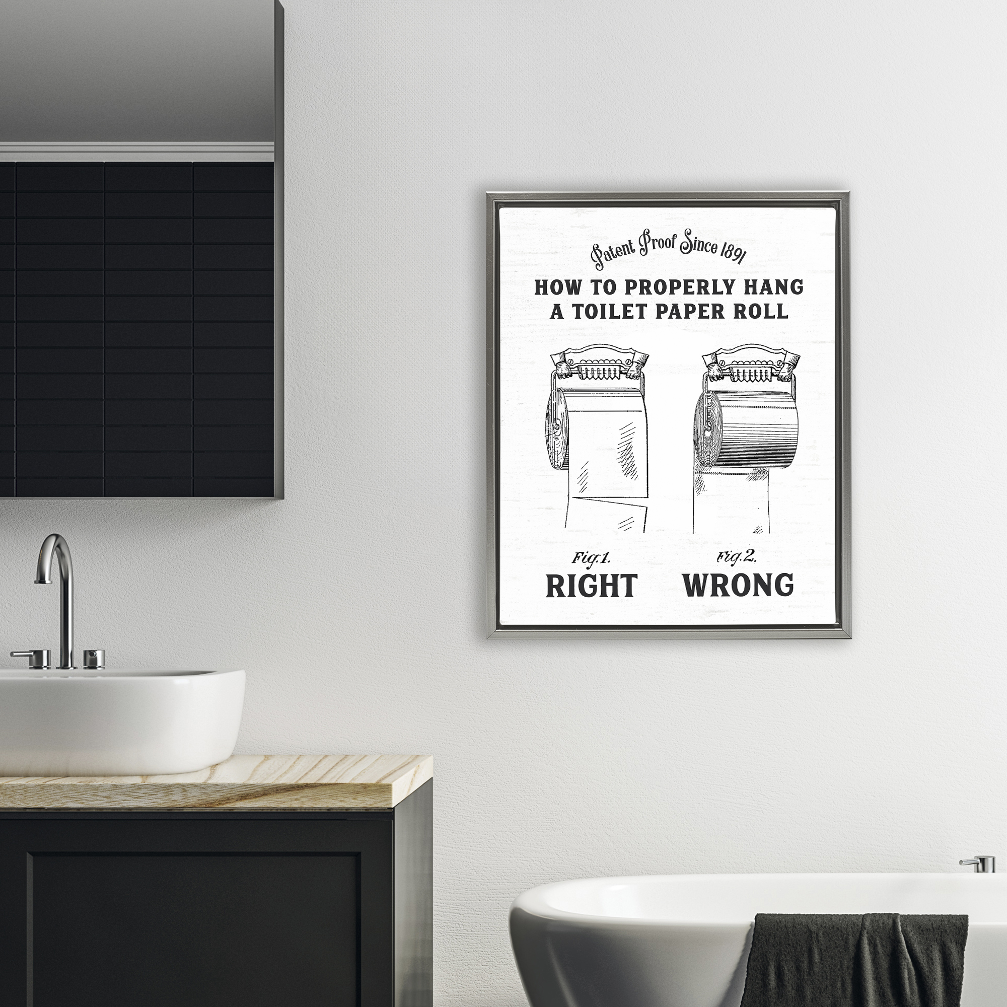 Right & Wrong Toilet Roll Gray Framed Floater Canvas Wall Art, design by Lettered and Lined