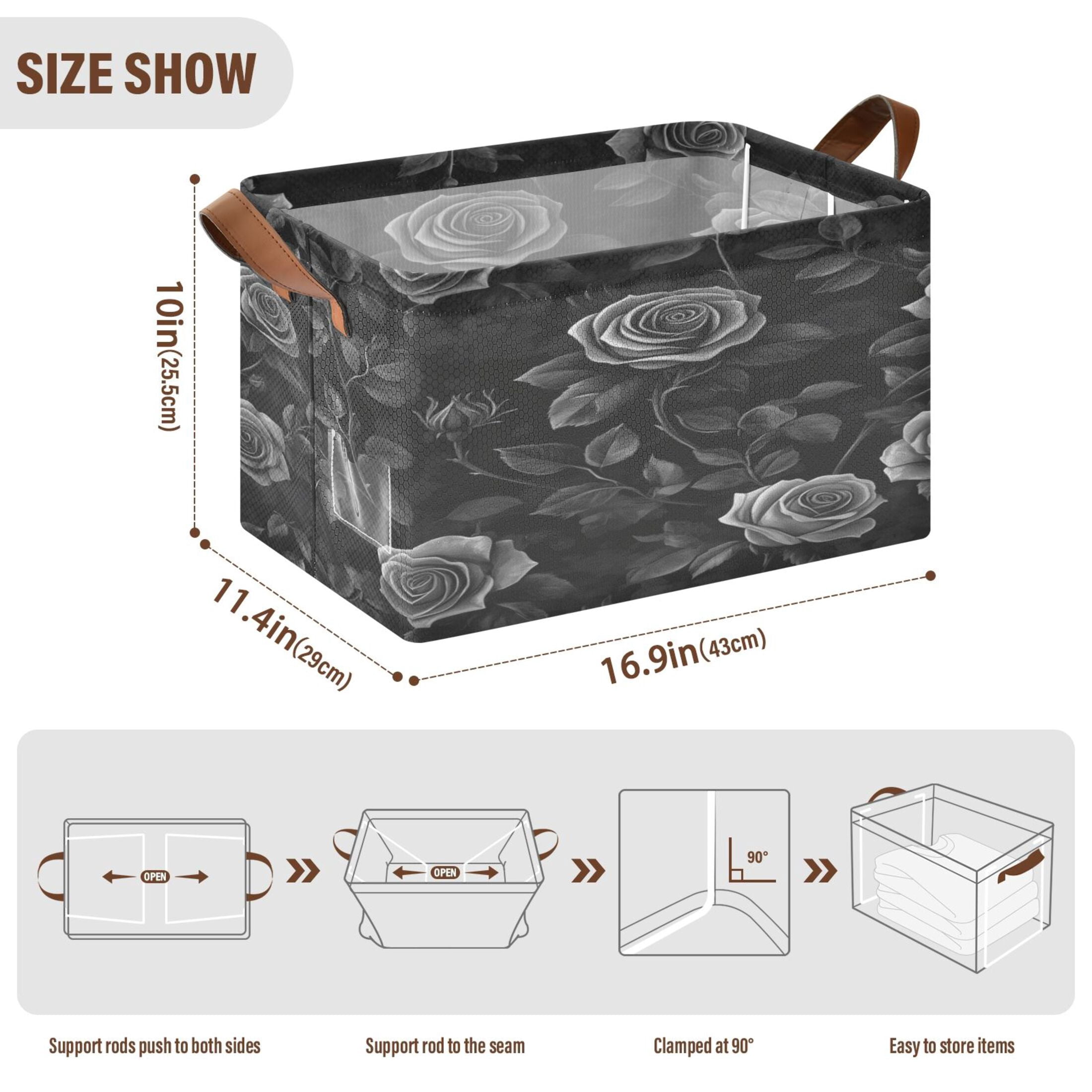 Black Rose Storage Basket Soccer Plaid Fabric Hoard Box Oversized Collapsible Closet Organizer with Metal Iron Frame 16.9×11.4×10in