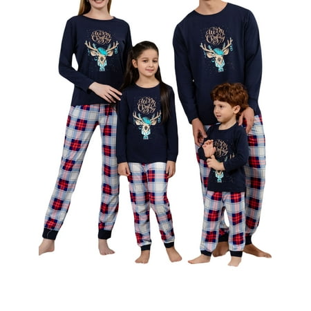 

AMILIEe Family Matching Christmas Pajamas Cartoon Elk Sleepwear Plaid Pattern Trousers Pjs Suit