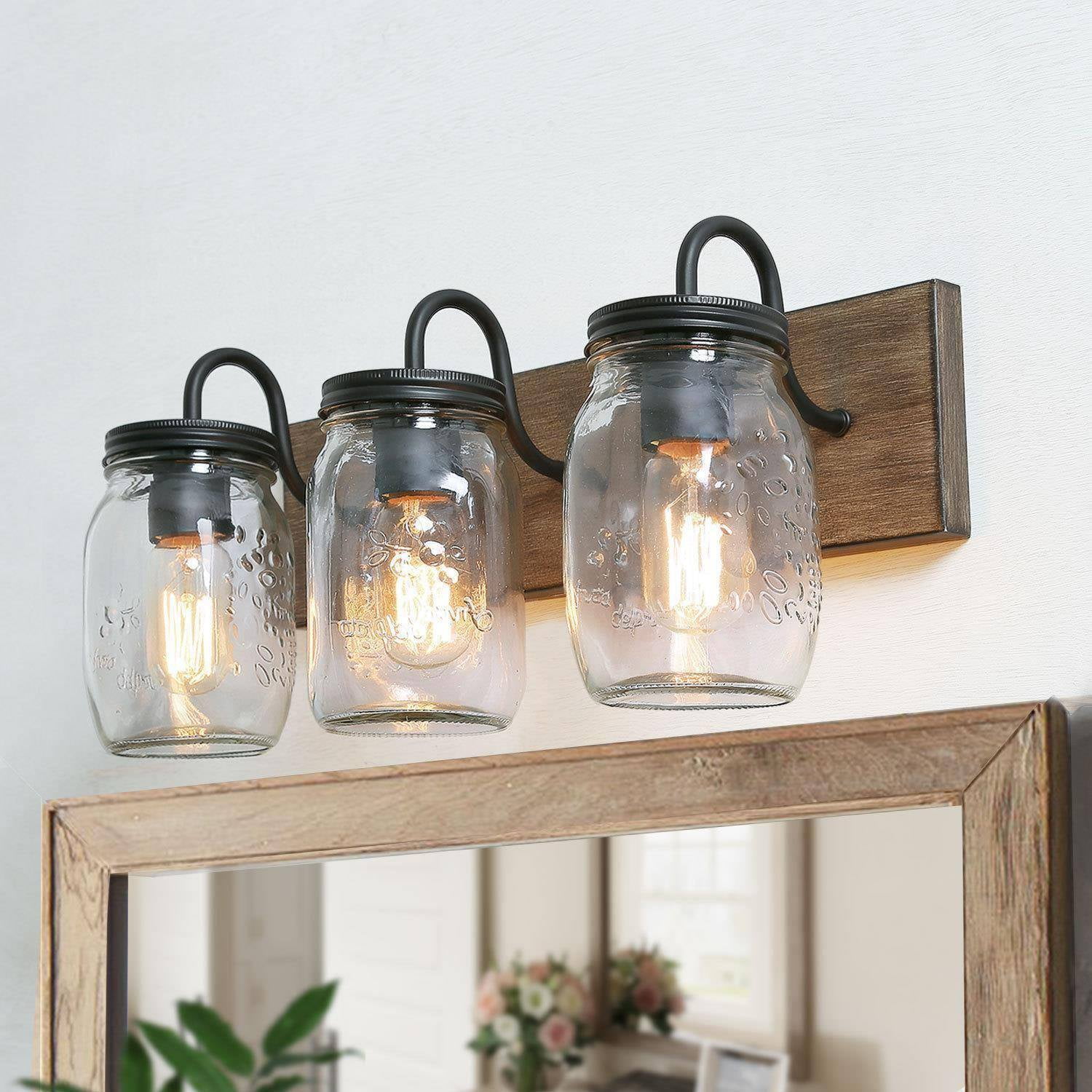 LNC Farmhouse Mason Jar Vanity Light, 3-Light Wood & Black Wall Fixture for Bathroom