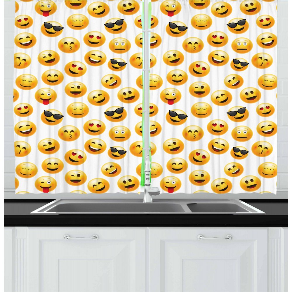 Emoji Curtains 2 Panels Set, Smiley Face Character Illustration Feeling