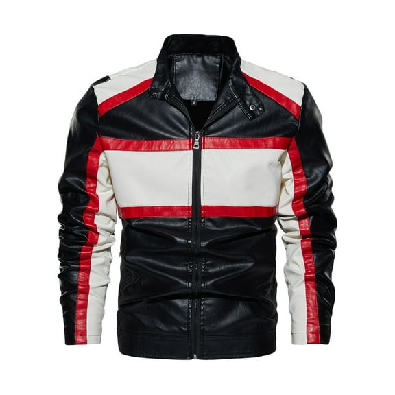 HOOMEUMY Men's Faux Leather Jacket Striped Zipper Stand Collar Motorcycle Outwear Black White Red Large Size White S