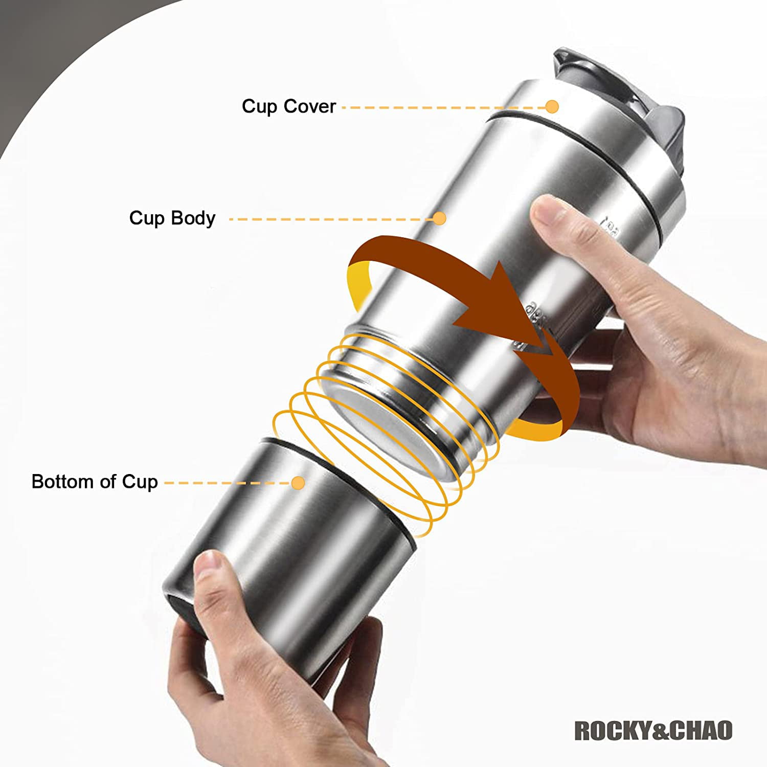 ROCKY&CHAO Stainless Steel Protein Shaker, 900 ML Metal Protein