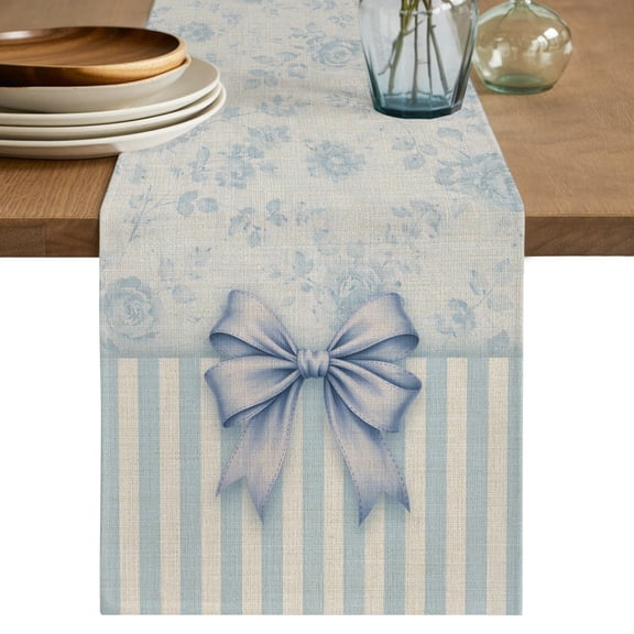 Table Runners 70 Inches Long Dress Scarves, Vintage Blue Bow Farmhouse Coffee/Dining/Kitchen Table Decor, Holiday Table Runner, Farmhouse Roses Floral Stripes 13x70 Inch
