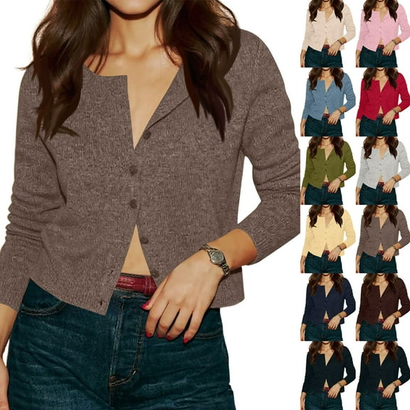Women's Knitted Cardigan Short Knit Round Neck Open Front Sweater Button Down, Elegant and Casual, Ideal for Office and Everyday Outings,Beige,L