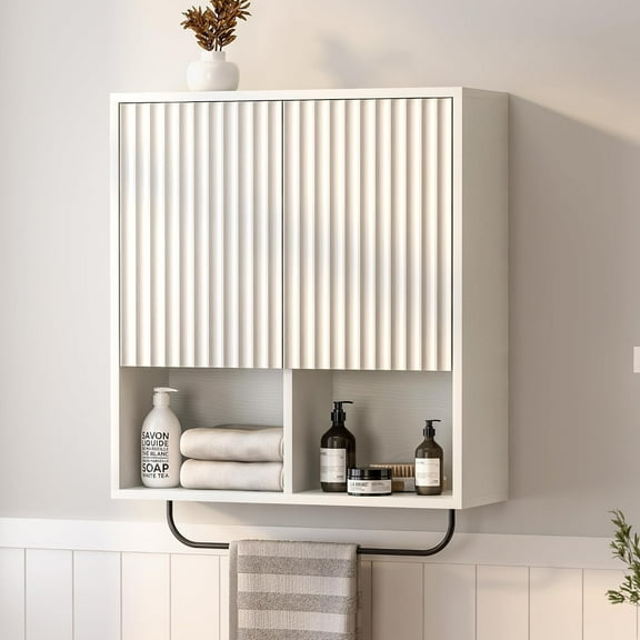 Bathroom Wall Cabinet, Fluted Wooden Medicine Cabinet Storage with 2 Doors, Adjustable Shelf and Towels Bar, Modern Wall Mount Large Floating Cabinet for Kitchen Laundry Room White