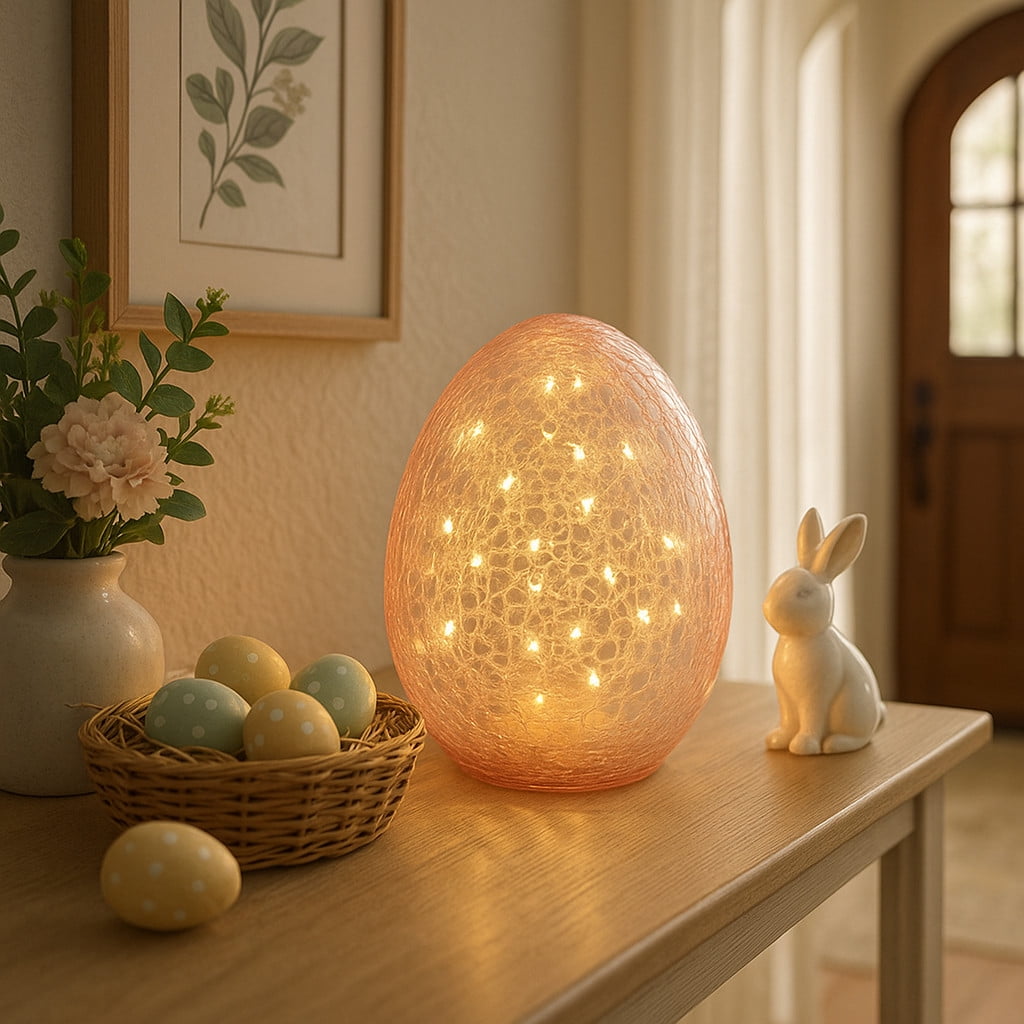 6 Inch LED Lighted Easter Egg Decor, Crackle Glass Illuminated Egg with Warm White Fairy Lights, Battery Operated Spring Table Centerpiece Pink