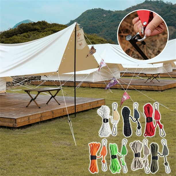 Tensor de cuerda de acampada portátil ajustable con sistema de poleas - Cordón reflectante de nylon-poliéster de 13 pies, diámetro de 4 mm, capacidad de 420 lb - Cables de soporte antiviento para