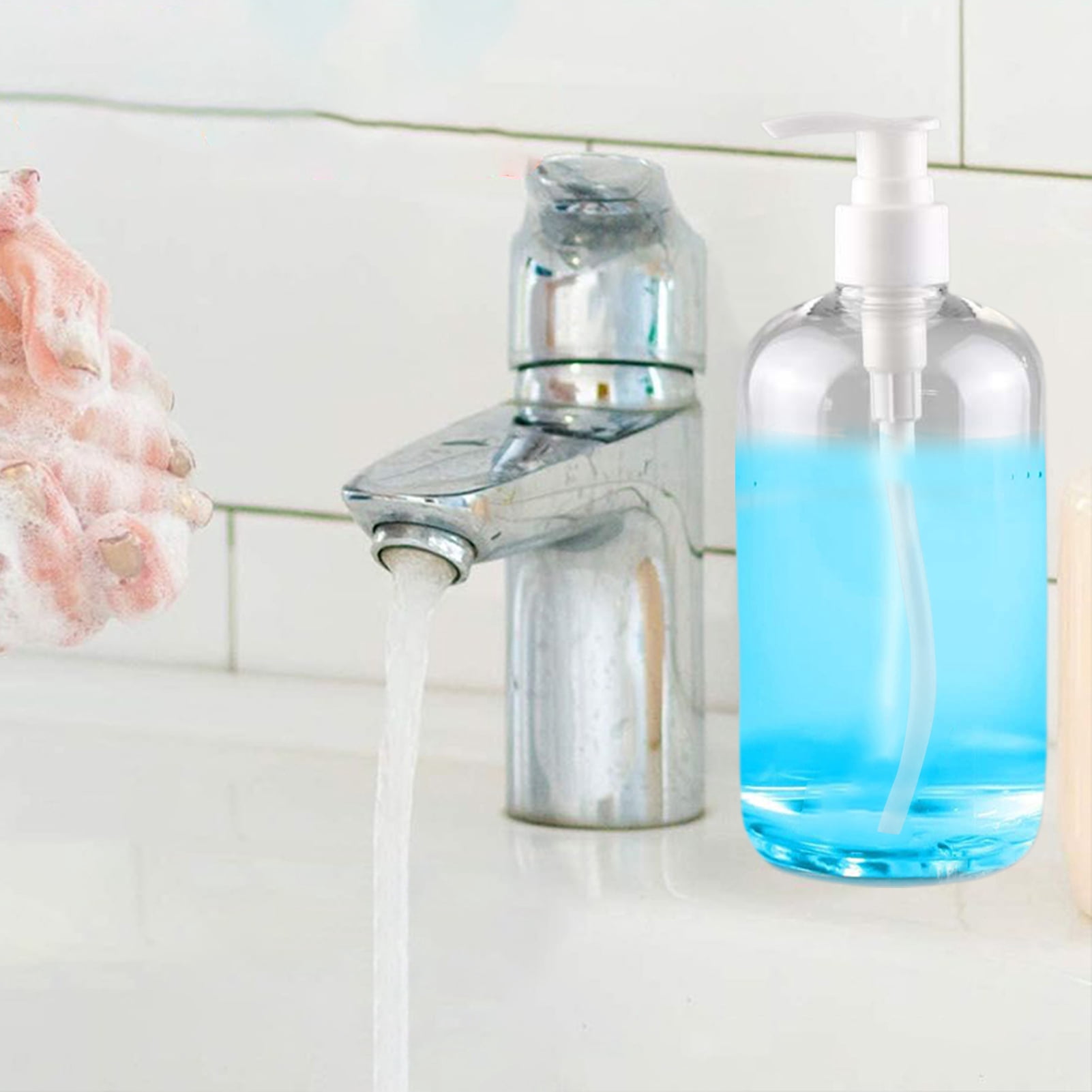 ievspot 4PCS Clear Hand Soap Dispenser Bottle for Liquid Lotion Shampoo Detergent, 500ml Plastic Refillable Press Bottles for Hotel Kitchen Bathroom Home
