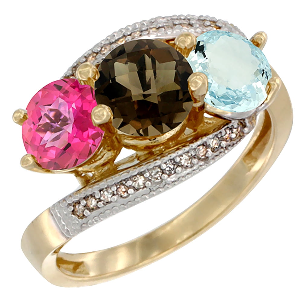 10K Yellow Gold Natural Pink Topaz, Smoky Topaz & Aquamarine 3 stone Ring Round 6mm Diamond Accent, sizes 5 10 by WorldJewels