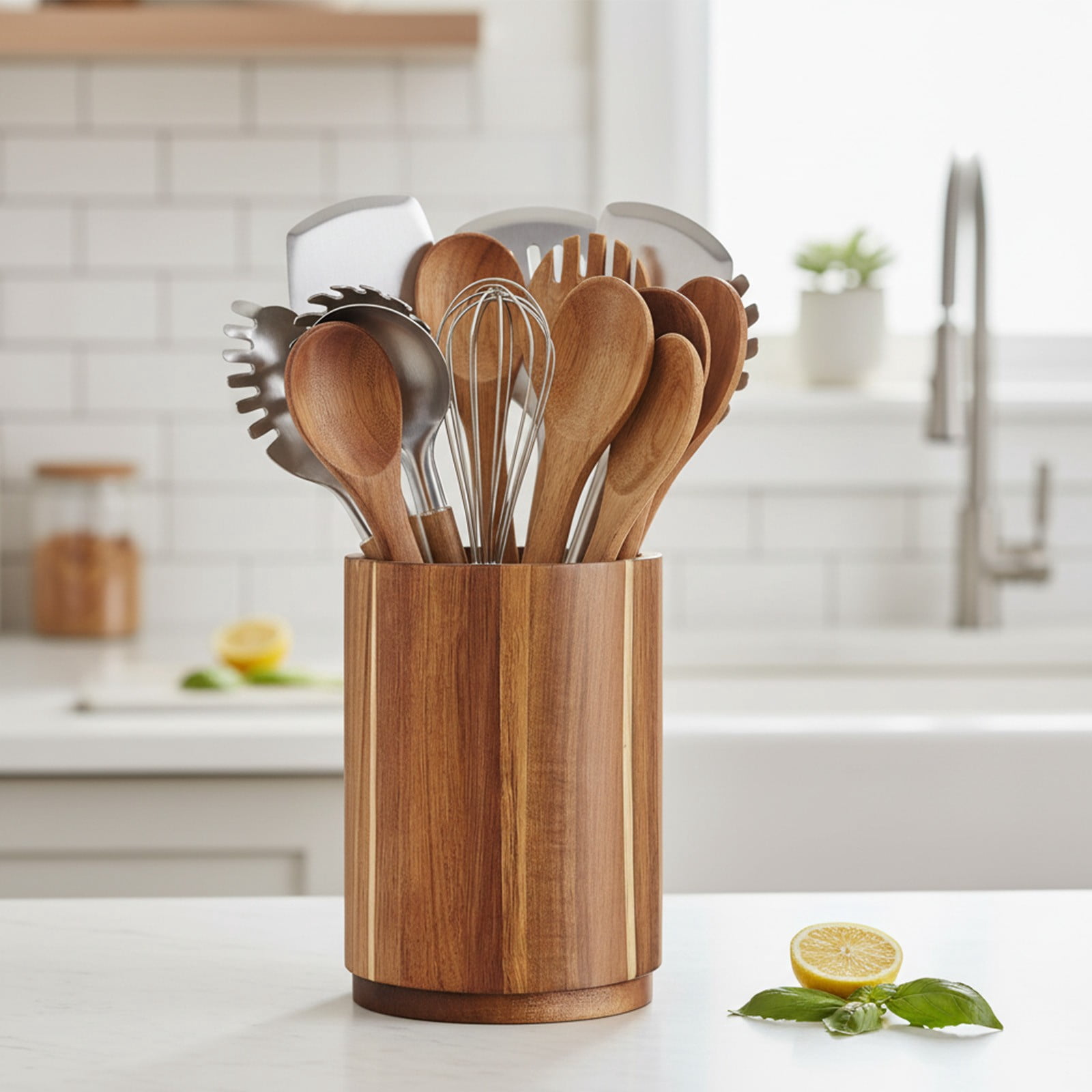Wood Utensil Holder for Kitchen Counter,5.9"x6.5'' Wooden Cooking Utensil Crock for Countertop,Kitchen Countertop Organizer with Non-Slip Base,Farmhouse Kitchen Decor(White)