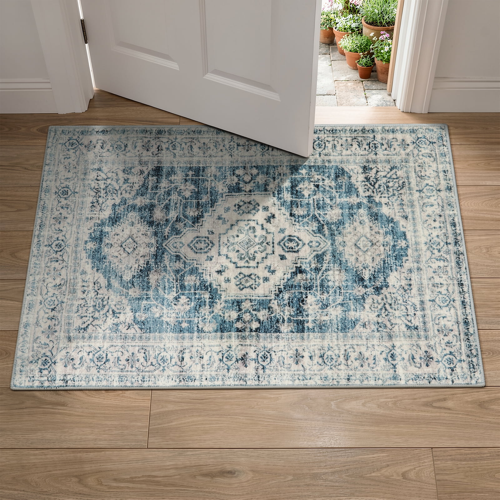 Lahome 2'x3' Blue Boho Washable Area Rug,Non-Slip, Ultra-Thin Low-Pile Mat for Entryway, Kitchen, Bathroom & Bedroom,Indoor Door Mat Accent Carpe