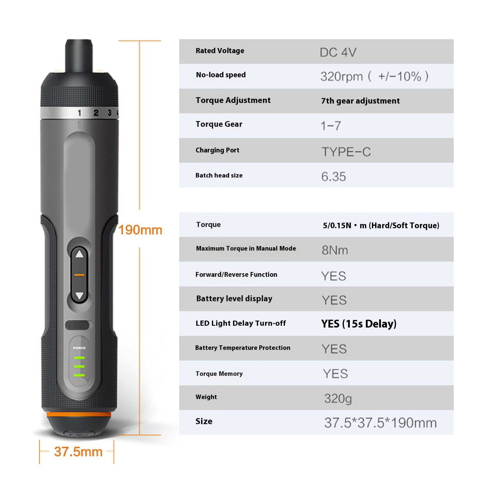 Compact Auto Rotations Electric Screwdriver 7 Variable Speeds Built In LED Light Bit Storage For Tight Space