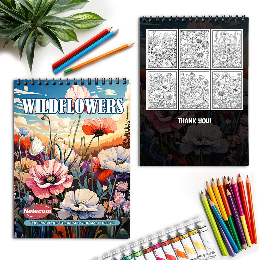 Netecom Wildflowers Coloring Book for Adults, Spiral Bound, Soft Cover