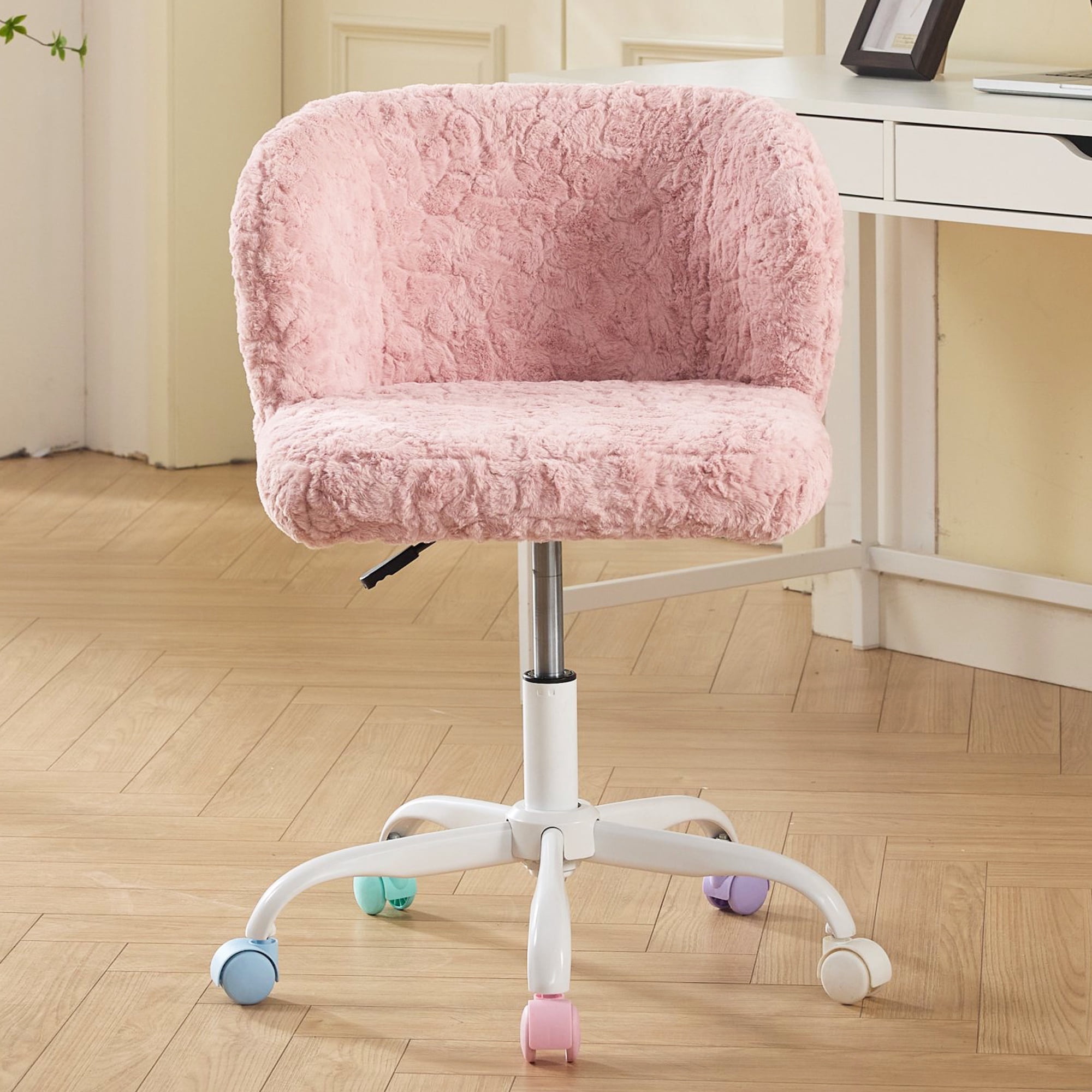 PAPROOS Vanity Chair with Wheels, Home Office Chair, Cute Makeup Desk Chair with Artificial Alpaca Wool Fabric, Adjustable Swivel Task Computer Chair for Bedroom, Pink