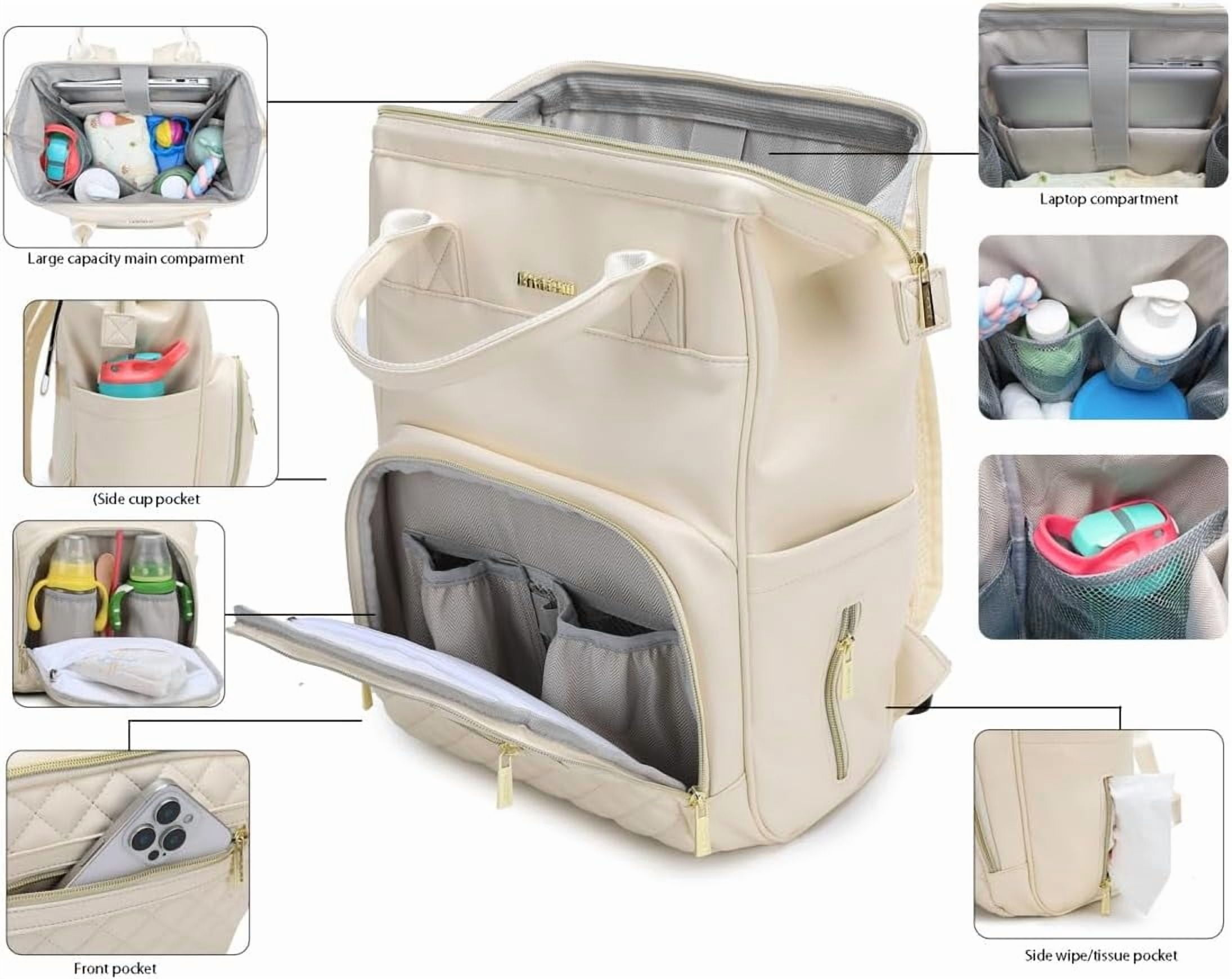 Baby Diaper Bag Backpack, Vegan Leather Diaper Backpack with Laptop Compartment 15.6 inch, Baby Bag Large Capacity, Waterproof Travel Backpack (Beige)