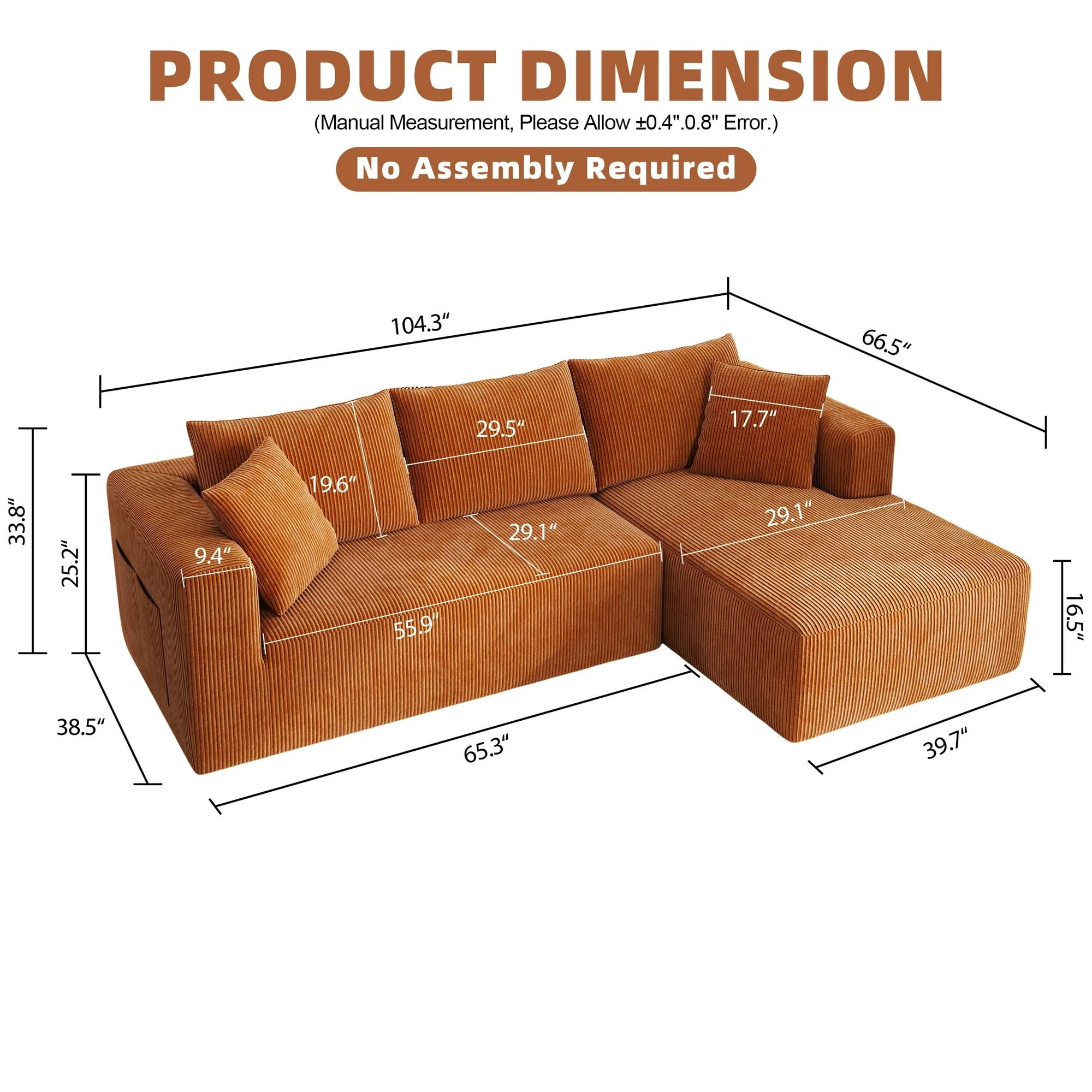 AENKYO 104 Modular L-Shaped Sectional Sofa with Chaise Lounge, Cloud Couch Deep Seat, Corduroy Upholstered Living Room Furniture, No Assembly Required, Orange
