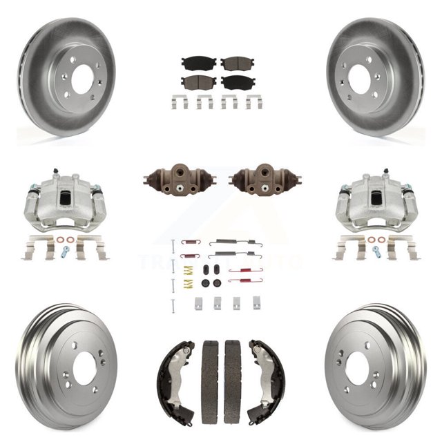 Transit Auto Front Rear Disc Brake Caliper Coated Rotors Drums Ceramic Pads Shoes Wheel Cylinders and Hardware Kit (11Pc) for Car Hyundai Accent Kia Rio Rio5 KCG-100360C