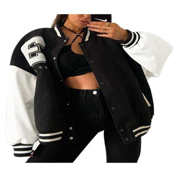 Women‘s Oversized Varsity Jackets Vintage Letter Print Bomber Jacket Urban Baggy Baseball Coat Black White S