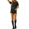 thumbnail image 2 of INSPIRE CHIC Women's Party Sheer Short Sleeve Gilding Shiny Metallic Stars Top S Black, 2 of 5
