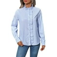 thumbnail image 2 of Women'S Striped Button Front Shirts Mock Neck Long Sleeve Office Blouse Tops Blue S, 2 of 9