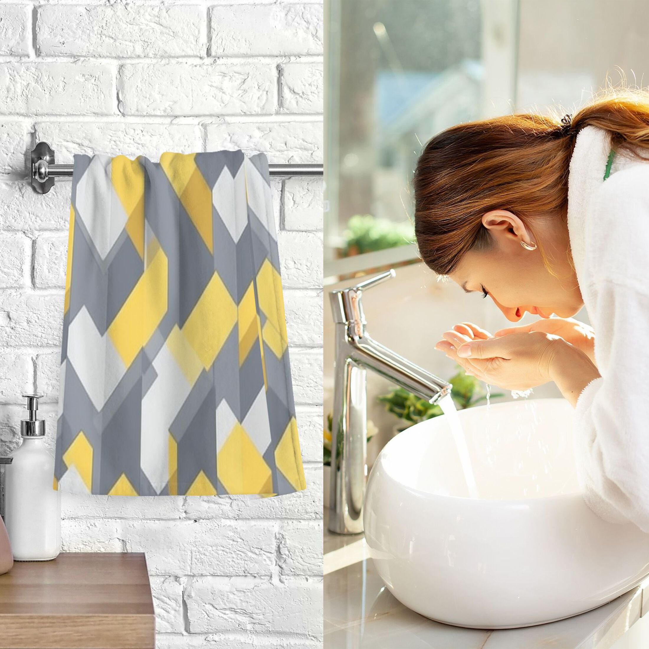 2 Pcs Absorbent Face Towel Bath Hand Towels Soft Breathable Cotton Towel Set for Bathroom Kitchen Hotel Spa Decor Yellow and Grey Cubes