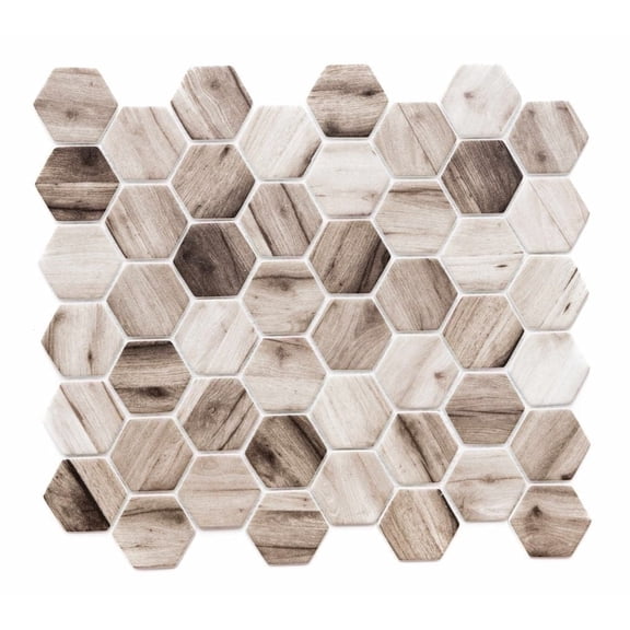 The Tile Life Honeycomb 12" x 12" Wood Look Beige Matte Glass Mosaic Wall Tile, 1 Sheet