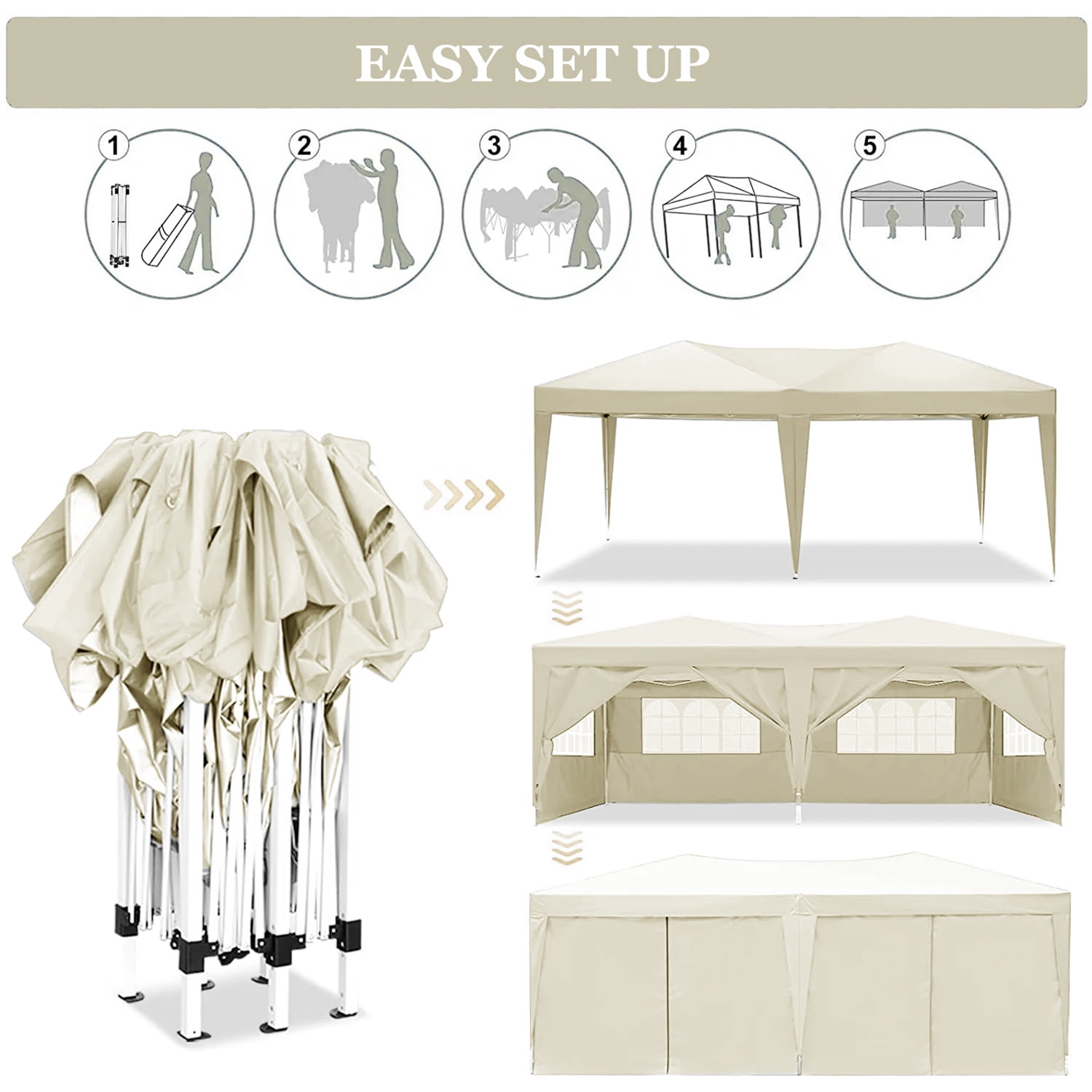10'x20' EZ Pop Up Canopy Tent,Folding Outdoor Party Wedding Event Tent with 6 Removable Sidewalls for Parties Camping Wedding,Beige