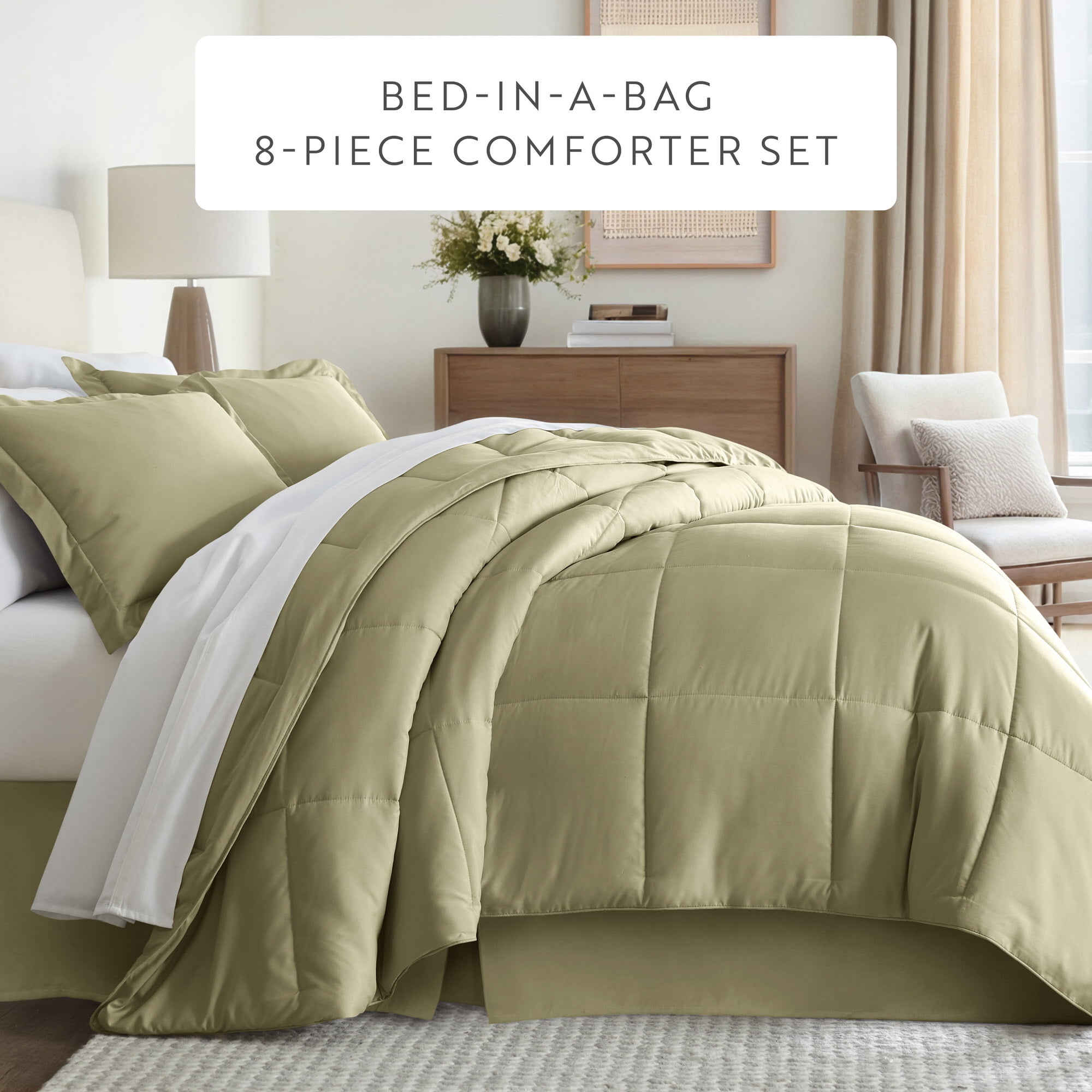 Noble Linens 8-Piece Sage Bed in a Bag Microfiber Bedding Set, Twin
