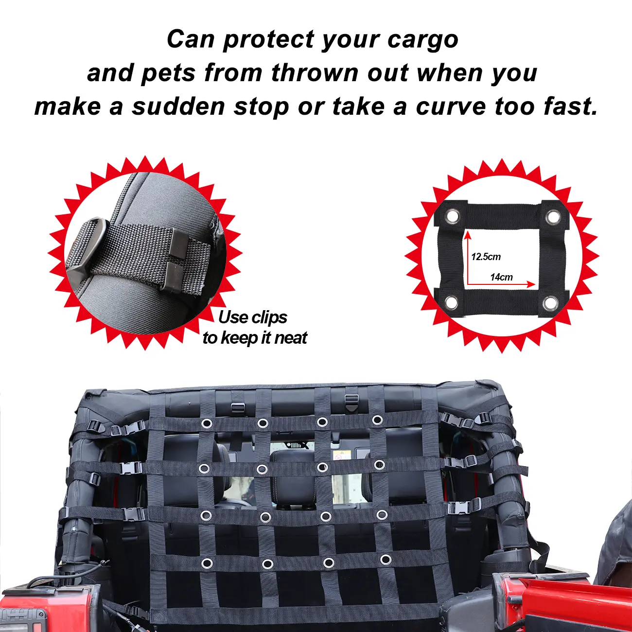 Mesh Cargo Net Storage Restraint System Accessory Compatible With For 2007-2018 Jeep Wrangler JK 4 Door(4PCS)